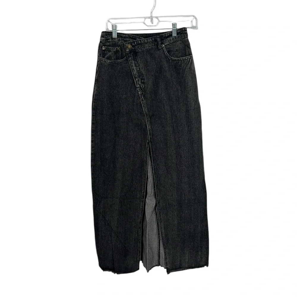 Dressed in Lala Maxi Black Denim Slit Skirt small Casual Fashion Slant NWT - Picture 2 of 10